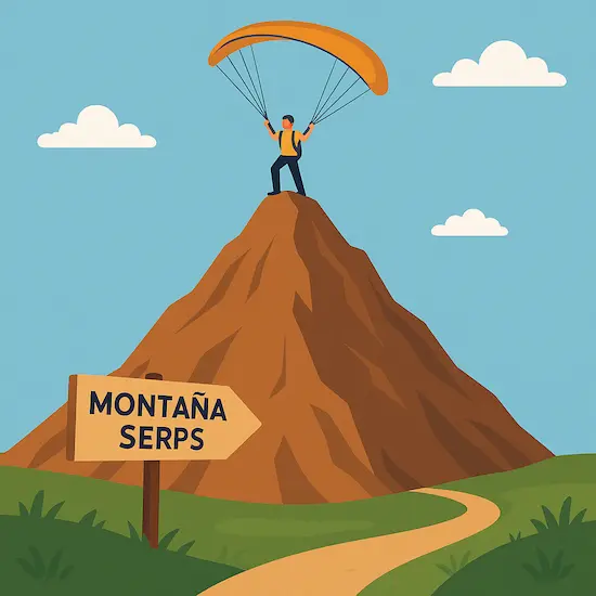 Montaña que simboliza las SERPS y un parapentista arriba del todo